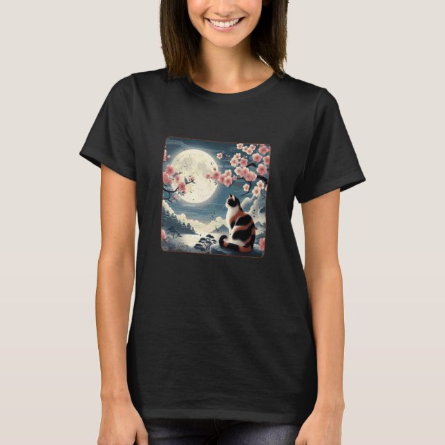 Japansk Bergkatt Under Måne Sakura Körsbärsblom T Shirt (Framsida)