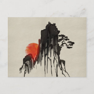 Japansk bergsolnedgång - sumi-e vykort