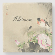 Japansk Bird and Rosa Blommar Vintage Print Ston