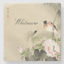 Japansk Bird and Rosa Blommar Vintage Print Ston Stenunderlägg