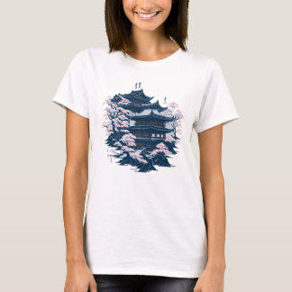 Japansk Bläck Art Temple omgiven av Träd T Shirt