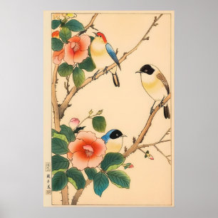 Japansk blomfågelkonsttryck - Vintage träsnitt Poster