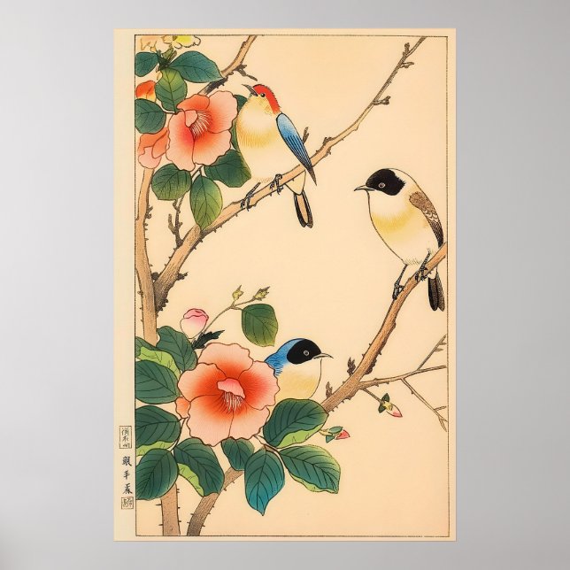 Japansk blomfågelkonsttryck - Vintage träsnitt Poster (Framsidan)