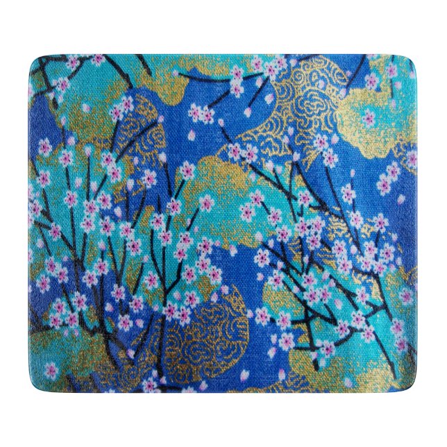 Japansk Blommigt Cherry Blommar Guld Blue (Framsidan)