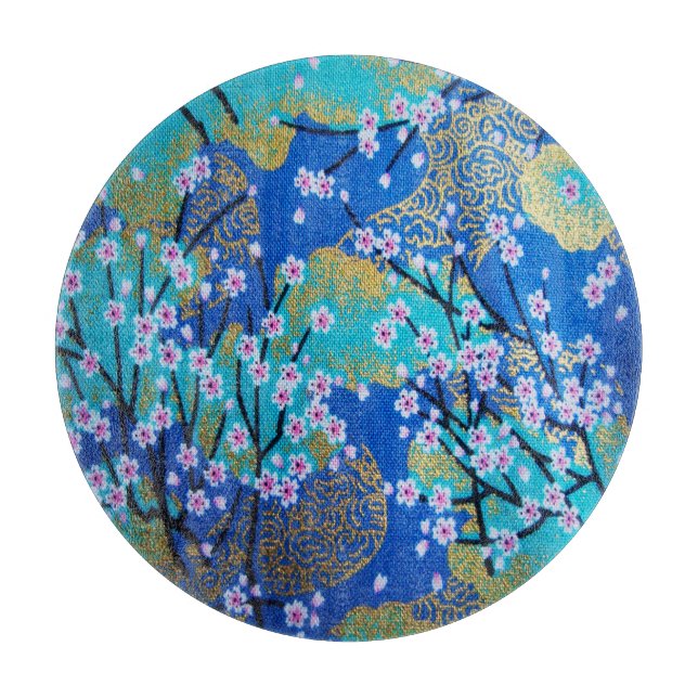 Japansk Blommigt Cherry Blommar Guld Blue Glass (Framsidan)