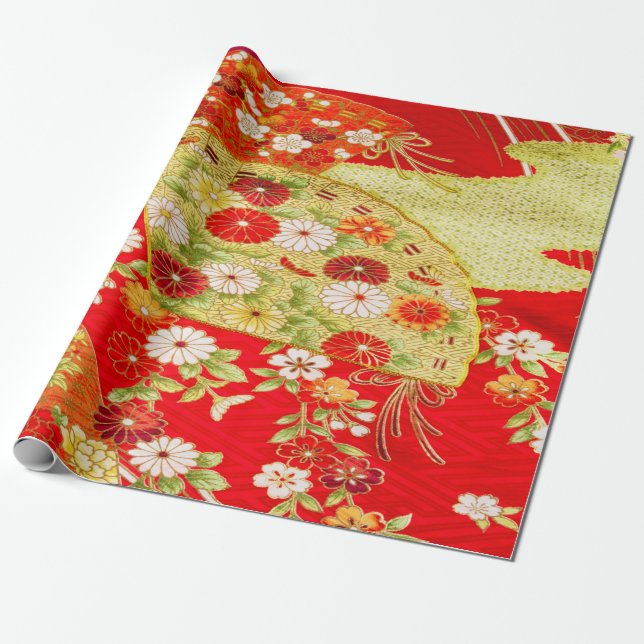 Japansk Blommigt Cherry Blommar Red Guld Decoupage Presentpapper (Utrullad)
