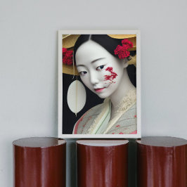 Japansk Blommigt Geisha Red Guld Fantasy Art Poste Poster