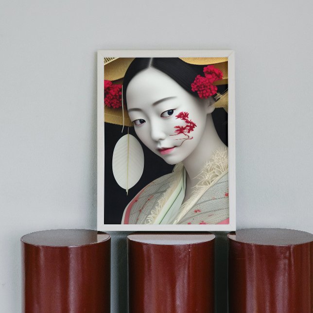 Japansk Blommigt Geisha Red Guld Fantasy Art Poste Poster (Skapare uppladdad)
