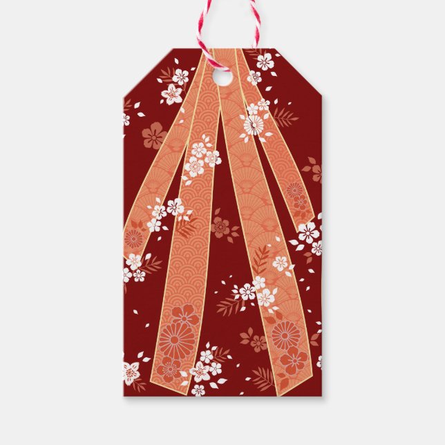 Japansk Blommigt Kimono Mönster Coral Presentetikett (Framsidan)