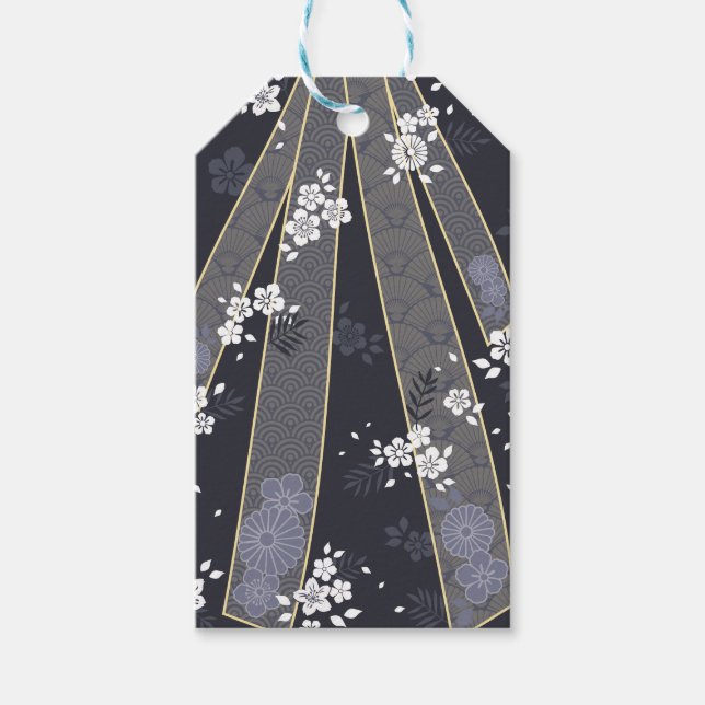 Japansk Blommigt Kimono Mönster Denim Presentetikett (Framsidan)
