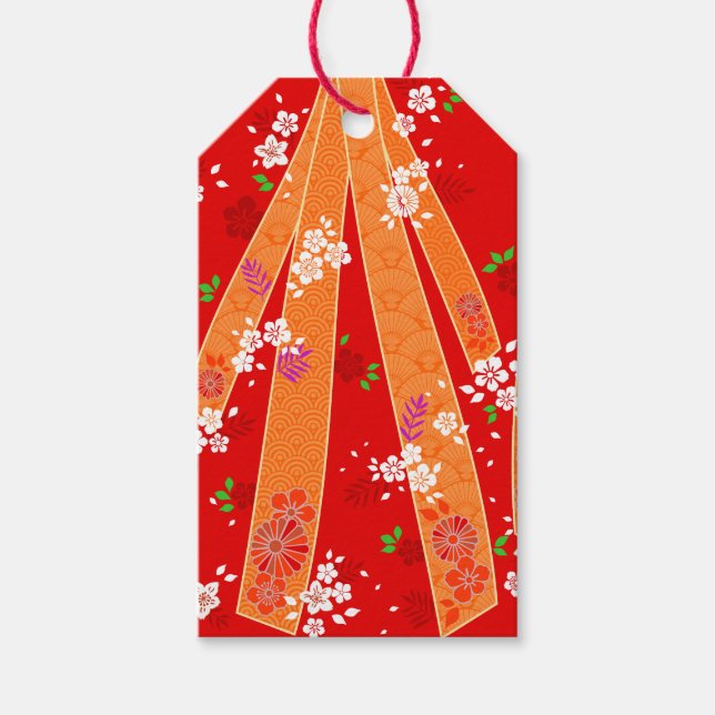 Japansk Blommigt Kimono Mönster Vår Presentetikett (Framsidan)