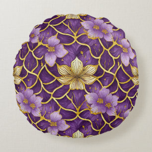 Japansk Blommigt Lila Guld Rund Kudde