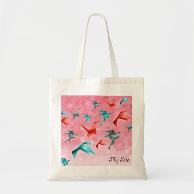 Japansk Blommigt och Origami Crane Design Tote Bag Tygkasse (Framsidan)