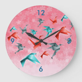 Japansk Blommigt och Origami Crane Wall Clock Stor Klocka
