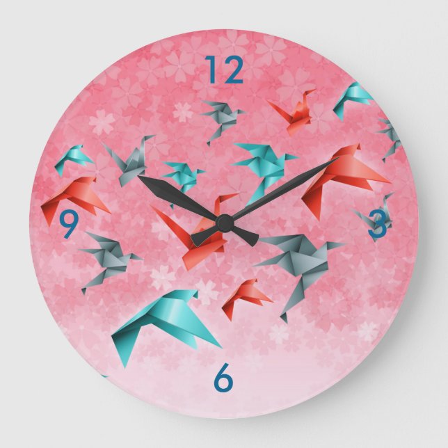 Japansk Blommigt och Origami Crane Wall Clock Stor Klocka (Framsida)