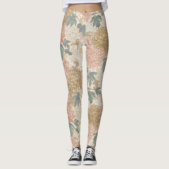 Japansk Blommigt Rosa och Guld Leggings (Framsida)