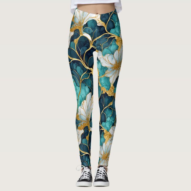 Japansk Blommigt Teal Blue Guld Leggings (Framsida)