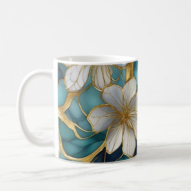 Japansk Blommigt Teal Guld Coffee Mugg (Vänster)