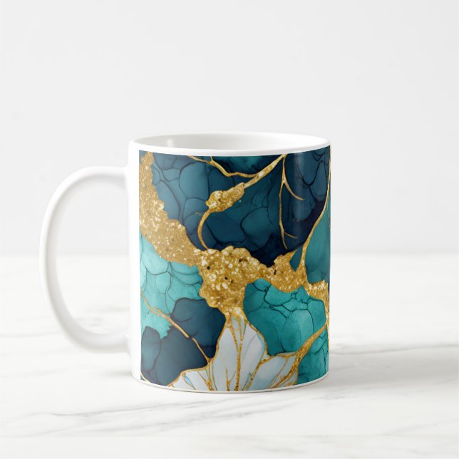 Japansk Blommigt Teal Guld Kaffemugg (Vänster)