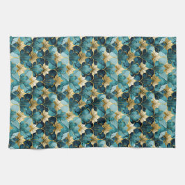 Japansk Blommigt Teal Guld Kökshandduk