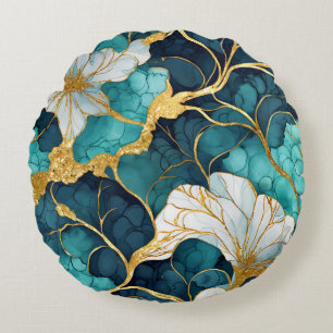 Japansk Blommigt Teal Guld Rund Kudde