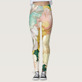 Japansk Blommigt Turcoise Guld Leggings