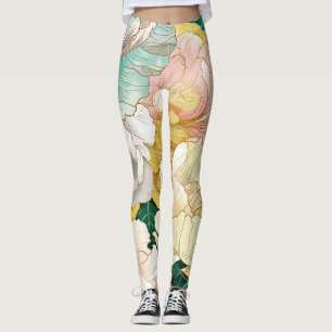 Japansk Blommigt Turcoise Guld Leggings
