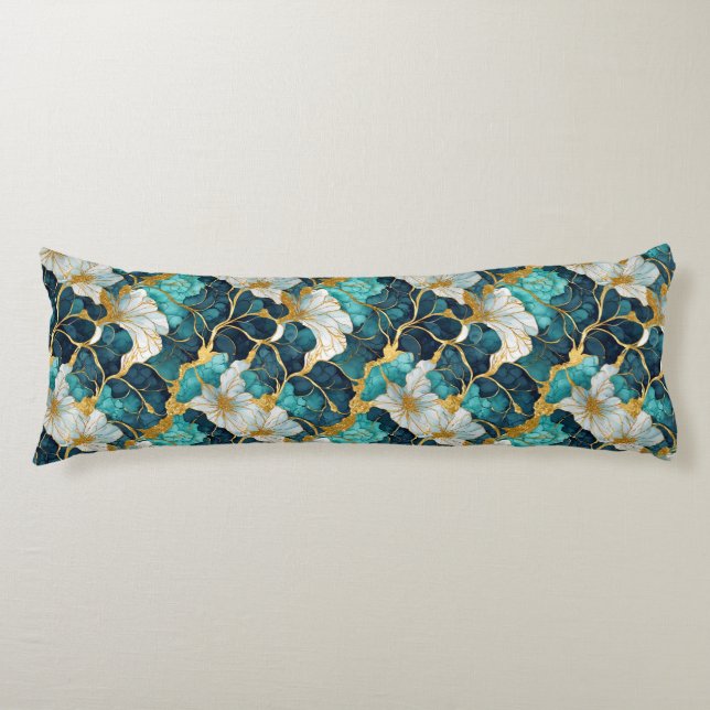 Japansk blomster teal guld kropps kudde (Framsidan)