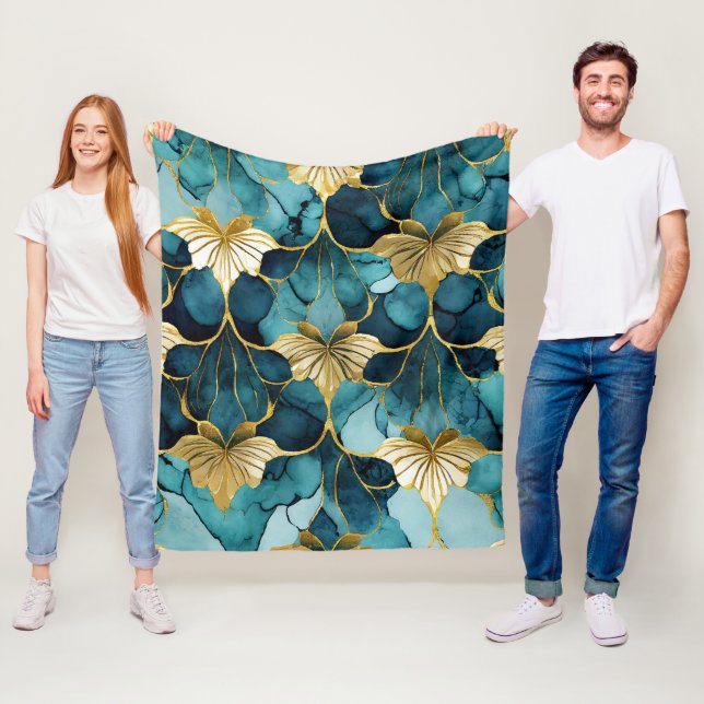 Japansk blomsterteal guld fleecefilt (På plats)
