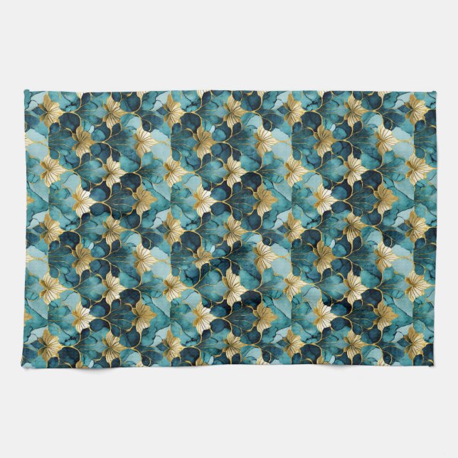 Japansk blomsterteal guld kökshandduk (Horisontell)