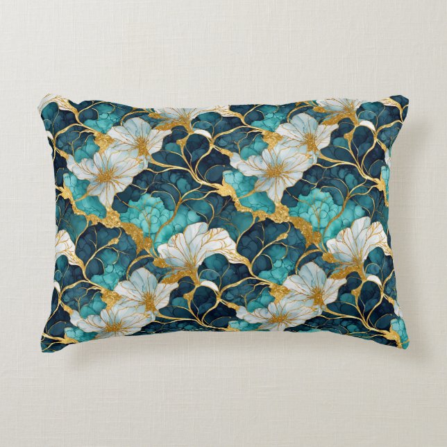 Japansk blomsterteal guld prydnadskudde (Framsidan)