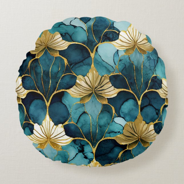 Japansk blomsterteal guld rund kudde (Framsidan)