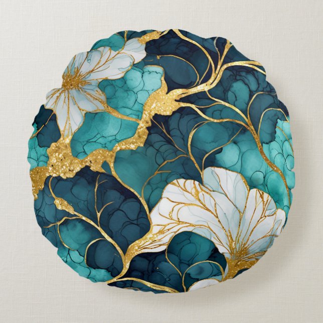 Japansk blomsterteal guld rund kudde (Framsidan)