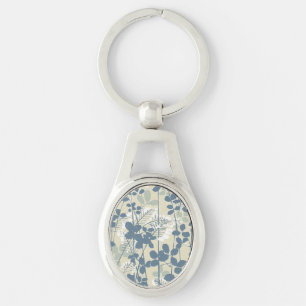 Japansk Blue Löv Flower Ovalt Silverfärgad Nyckelring