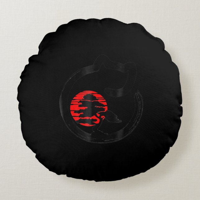 Japansk Bonsai Träd Enso Circle Cat Lover Bonsai Rund Kudde (Framsidan)