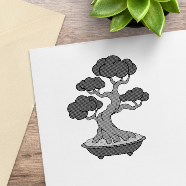 Japansk Bonsai-träd i en bricka, etsning Stämpel (Skapare uppladdad)