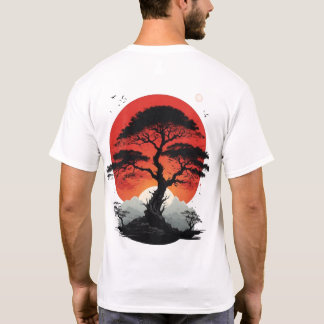Japansk Bonsai-träd Röd Sol Estetisk Grafisk T-shi T Shirt