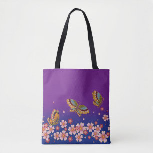 Japansk Butterflies Amid Sakura Blommars Lila Tygkasse