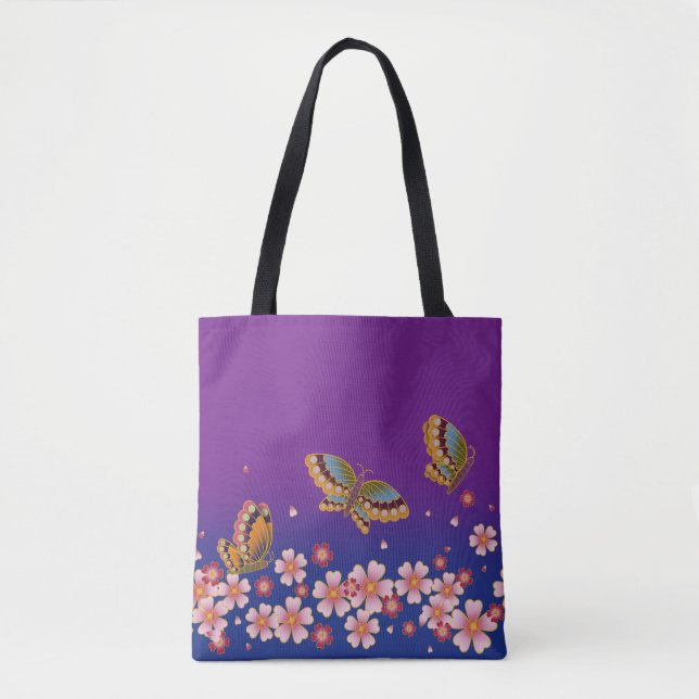 Japansk Butterflies Amid Sakura Blommars Lila Tygkasse (Framsida)