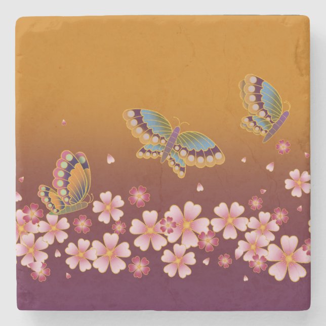 Japansk Butterflies Amid Sakura Blooms Guld Plum Stenunderlägg (Framsidan)