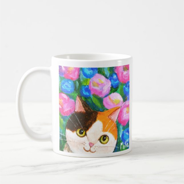 Japansk Calico Cat med Söt Flowers Cat Lover Kaffemugg (Vänster)