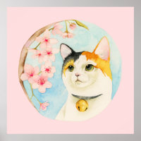 Japansk Calico Cat Watercolor Painting, pop Art