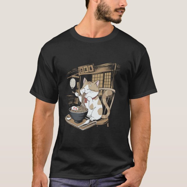 Japansk Cat Manga Animal Lover Ramen Noodle Anime T Shirt (Framsida)
