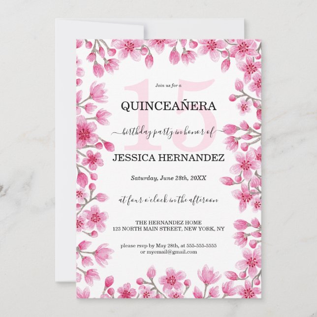Japansk Cherry Blommar Blommigt Gräns Quinceañera Inbjudningar (Framsida)