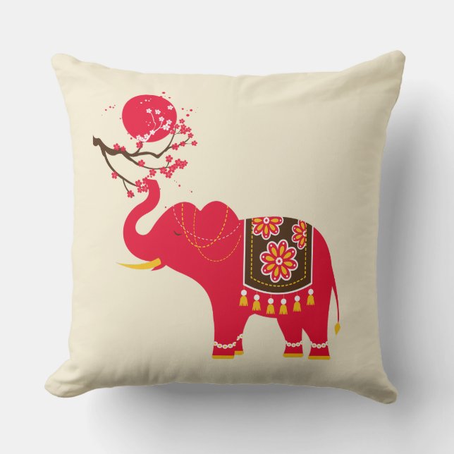 Japansk Cherry-Blommar med Red Elephant Kudde (Framsida)