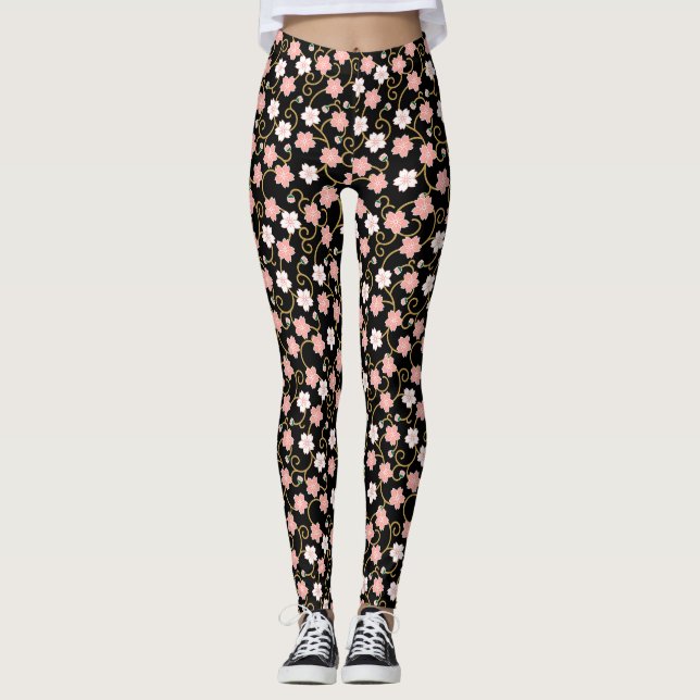 Japansk Cherry Blommar Mönster Leggings (Framsida)