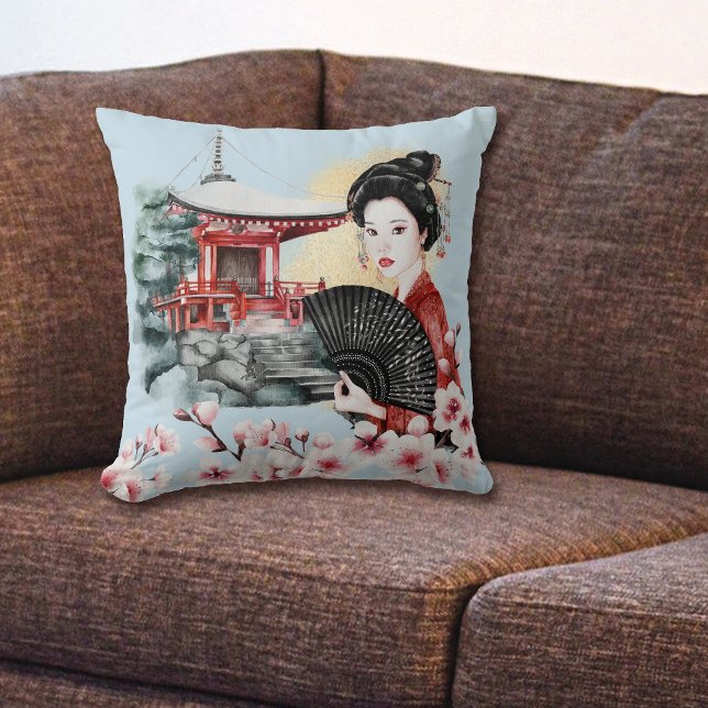 Japansk Cherry Blommar Pagoda Geisha Girl Kudde (Skapare uppladdad)
