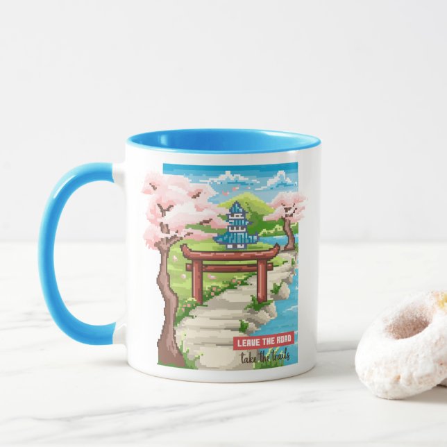 Japansk Cherry Blommar Pixel Art Mugg (Med munk)