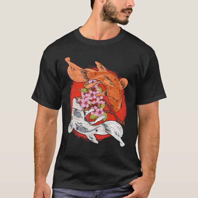 Japansk Cherry Blommar Träd Koi Fish Yin Yang T Shirt (Framsida)