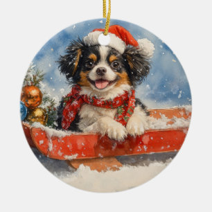 Japansk Chin Hund i släde Låt det snöa jul Julgransprydnad Keramik